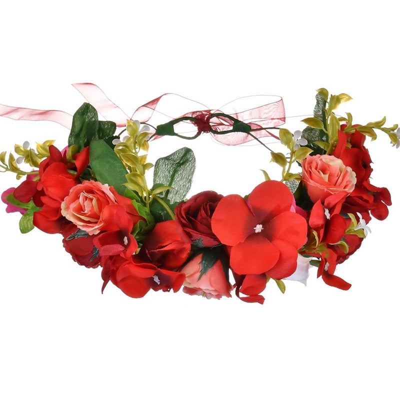 Vivivalue Rose Flower Crown Boho Flower Headband Hair Wreath Floral Headpiece Halo with Ribbon Wedding Party Festival Photos Red - Image 1